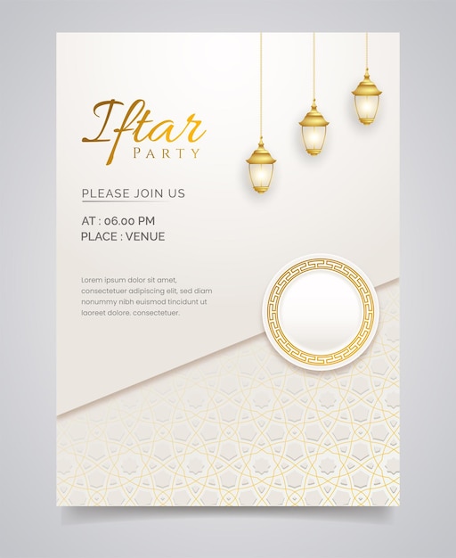 Vecteur invitation iftar islamique de luxe blanc avec motif d'ornement décoratif et lanterne vecteur premium