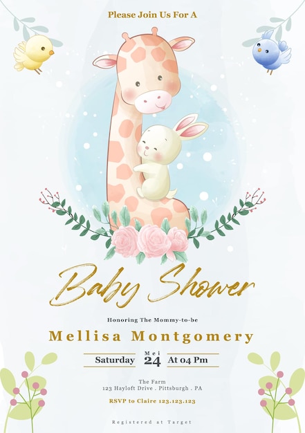 Invitation lunatique de douche de bébé de girafe et de lapin avec le modèle d'aquarelle