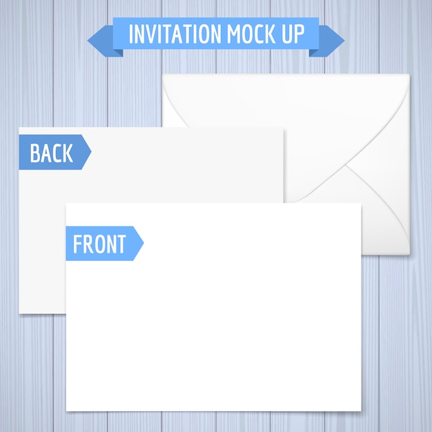 Invitation maquette. Fond en bois Recto, verso et enveloppe. Illustration réaliste avec une ombre.