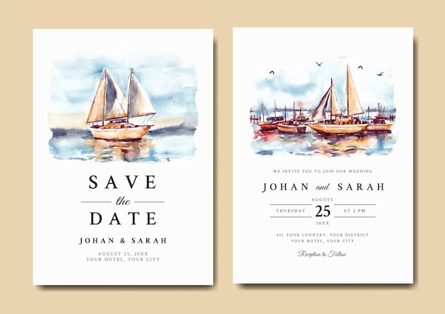 Invitation De Mariage Aquarelle Du Paysage Du Lever Du Soleil Avec Port Et Bateau