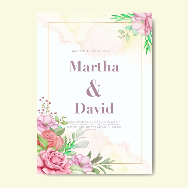 Invitation De Mariage Aquarelle élégante Avec Fleur Et Feuilles