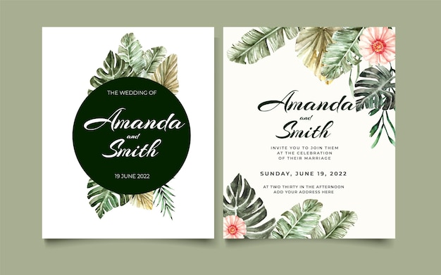 Invitation de mariage aquarelle feuilles tropicales illustration vectorielle