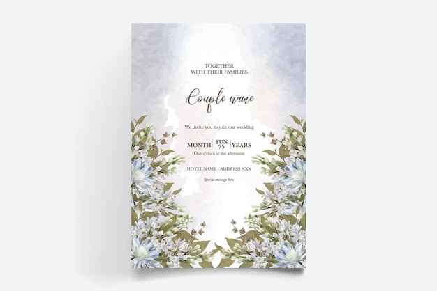 Une invitation de mariage aquarelle avec des fleurs bleues.