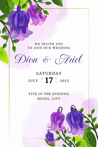 Vecteur invitation de mariage avec aquarelle florale et cadre doré vintage