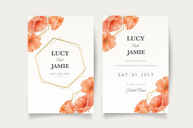 Vecteur invitation de mariage aquarelle florale sertie d'une élégante décoration dorée