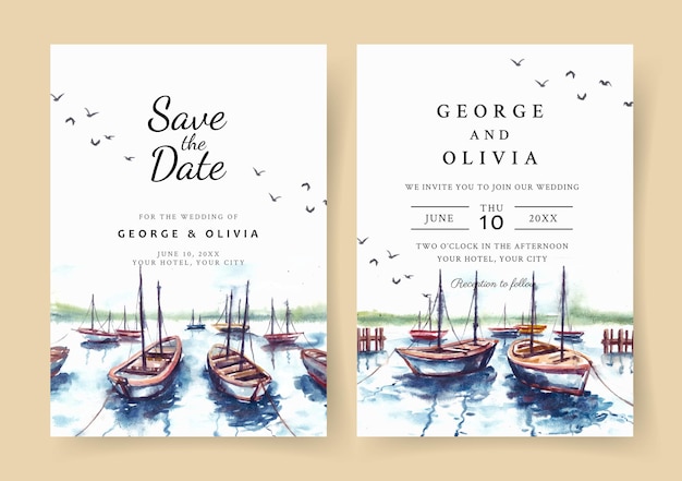 Invitation De Mariage Aquarelle De Paysage Naturel Avec Port Et Aquarelle De Bateau