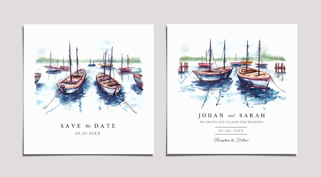 Invitation De Mariage Aquarelle De Paysage Naturel Avec Port Et Bateau