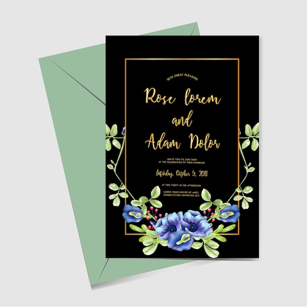 Invitation De Mariage Bleu Floral Verdure Doré