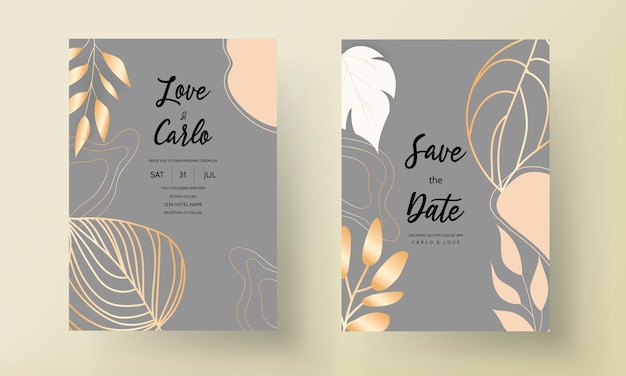 Vecteur invitation de mariage boho avec des feuilles d'or à contours élégants