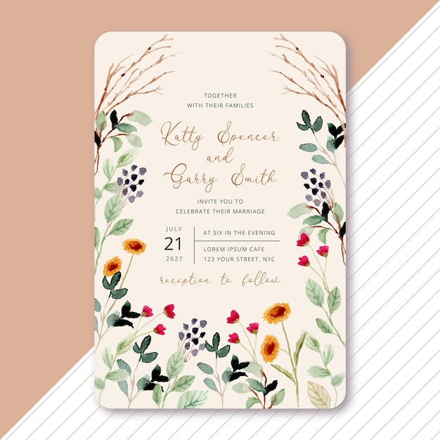 invitation de mariage avec cadre aquarelle de fleurs sauvages