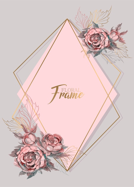 Vecteur invitation de mariage de cadre géométrique avec des fleurs à l'aquarelle