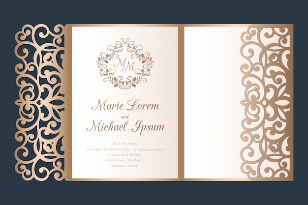 Vecteur invitation de mariage découpée au laser, modèle d'enveloppe de poche à trois volets.
