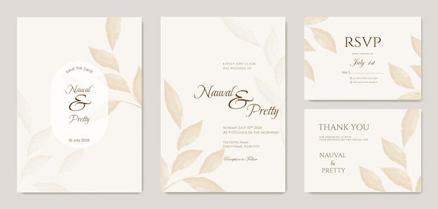 invitation de mariage double face avec des feuilles brunes modèle d'ornement aquarelle vecteur premium