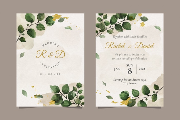 Invitation De Mariage élégante Avec De Belles Feuilles D'aquarelle