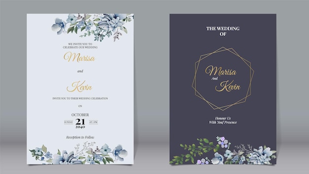 Invitation de mariage élégante avec divers feuilles de style aquarelle en ligne d'or polygone et dos gris foncé