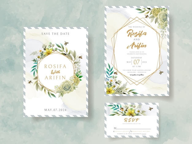 Invitation De Mariage élégante Fleurs Et Abeilles Jaunes