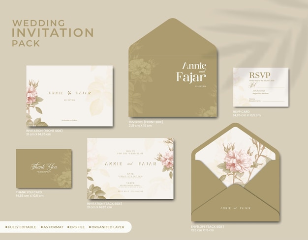 invitation de mariage emballage complet avec aquarelle de fleurs vecteur premium
