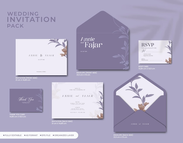 Vecteur invitation de mariage emballage complet avec fleur aquarelle vecteur premium