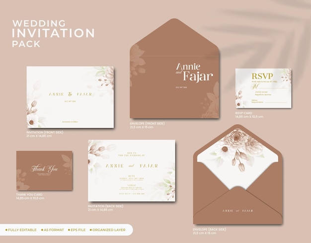 invitation de mariage ensemble complet avec aquarelle de fleurs vecteur premium