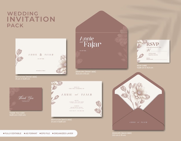 invitation de mariage ensemble complet avec aquarelle de fleurs vecteur premium