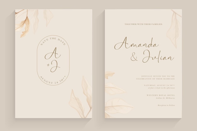 Invitation de mariage esthétique avec des feuilles brunes aquarelle