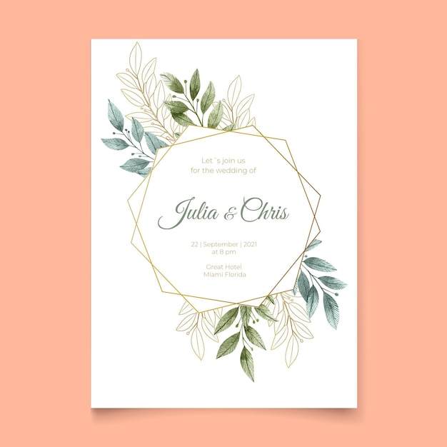 Vecteur invitation de mariage avec feuilles et cadre doré