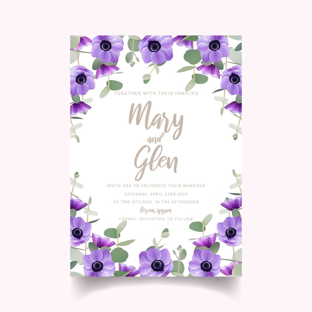 Vecteur invitation de mariage avec des fleurs d'anémone florales