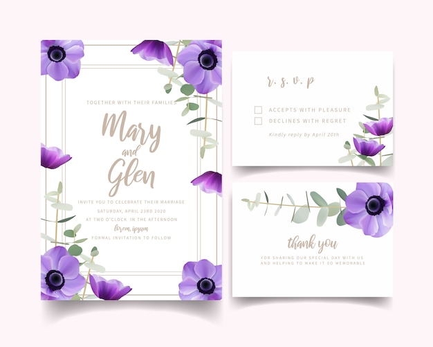 Vecteur invitation de mariage avec des fleurs d'anémone florales