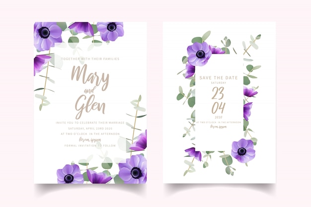 Vecteur invitation de mariage avec des fleurs d'anémone florales