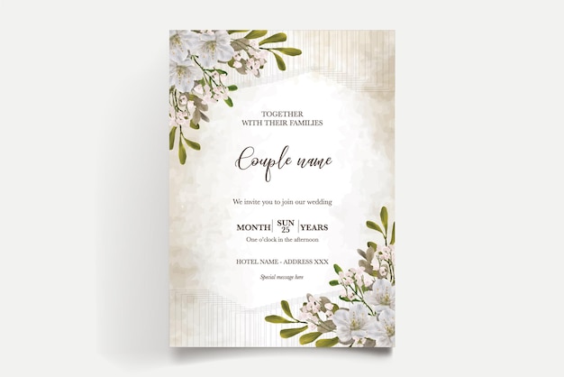 Une invitation de mariage avec des fleurs et des feuilles blanches.