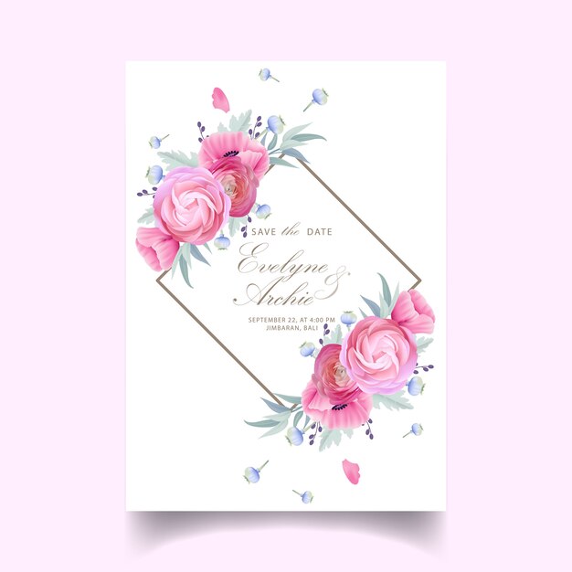 Invitation De Mariage Avec Des Fleurs Florales De Renoncule Et De Pavot