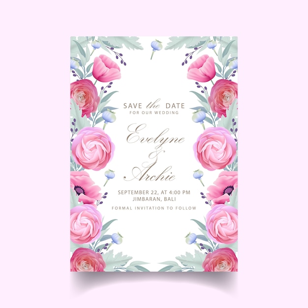 Invitation De Mariage Avec Des Fleurs Florales De Renoncule Et De Pavot