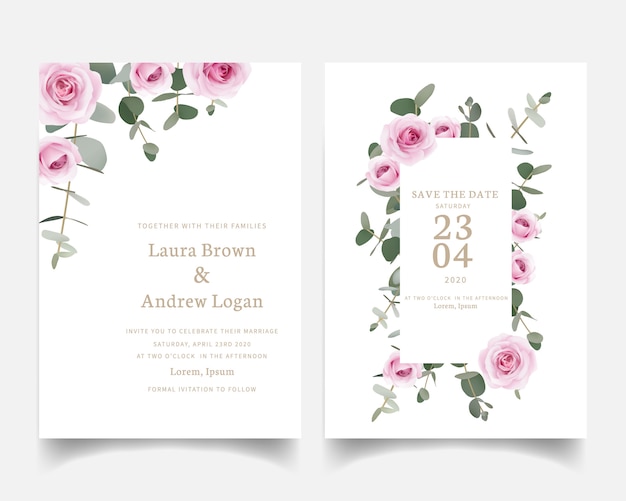 Invitation De Mariage Fleurs Roses Et Feuille D'eucalyptus