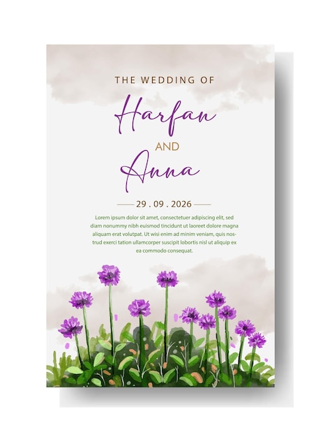 Vecteur une invitation de mariage avec des fleurs violettes sur fond blanc.