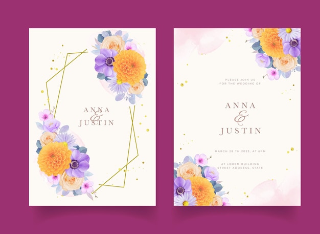 Invitation De Mariage Avec Des Fleurs Violettes Et Jaunes Aquarelles