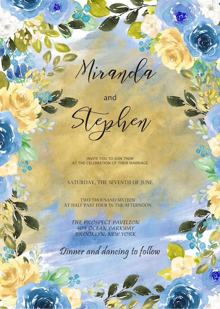 Invitation de mariage floral bleu et or