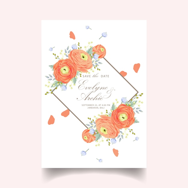 Vecteur invitation de mariage floral avec fleur de renoncule