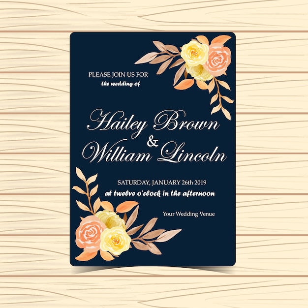 Vecteur invitation de mariage floral avec des fleurs et des feuilles de l'automne