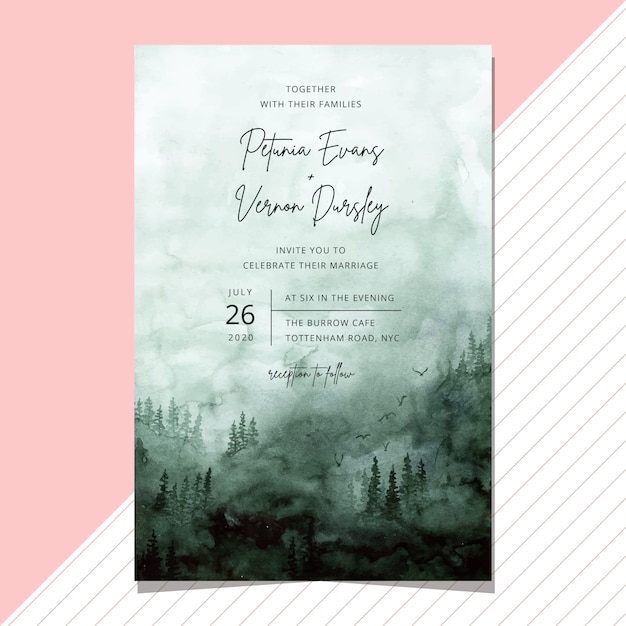 Invitation De Mariage Avec Fond Aquarelle De Forêt Verte Brumeuse