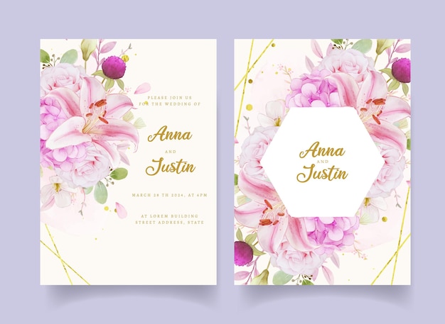 Invitation de mariage avec hortensia et lys roses roses aquarelles