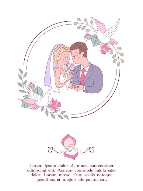 Invitation De Mariage. Joyeux Mariages. Belle Carte De Mariage Avec Les Mariés échangeant Des Alliances. Illustration Vectorielle Avec Un Espace Pour Le Texte Décoré De Délicates Fleurs De Mariage.