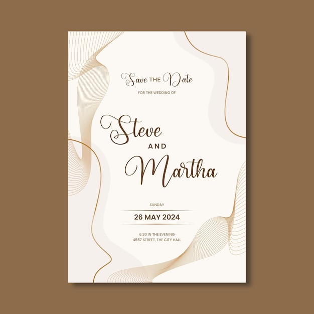 Invitation de mariage avec des lignes ondulées abstraites d'or sur fond blanc