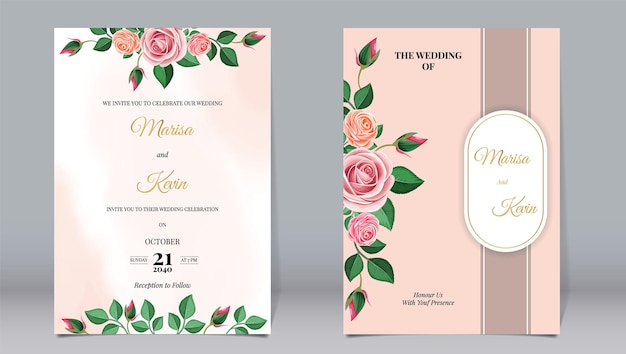 Invitation de mariage de luxe avec de belles roses et des ornements en ligne sur un simple fond minimaliste