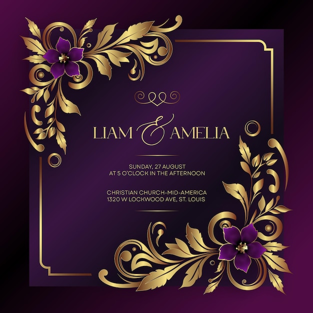 Invitation de mariage de luxe doré et violet de vecteur gratuit