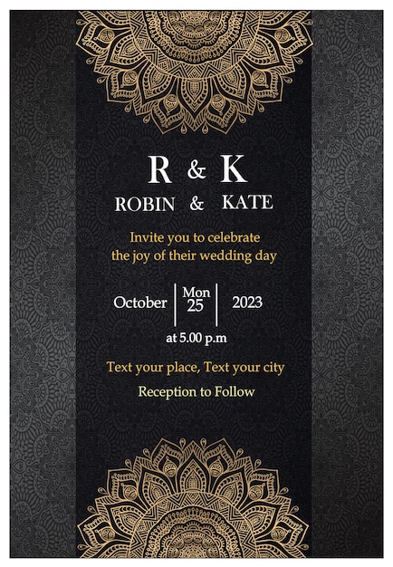 Invitation de mariage de luxe d'or de mandala à l'arrière-plan foncé