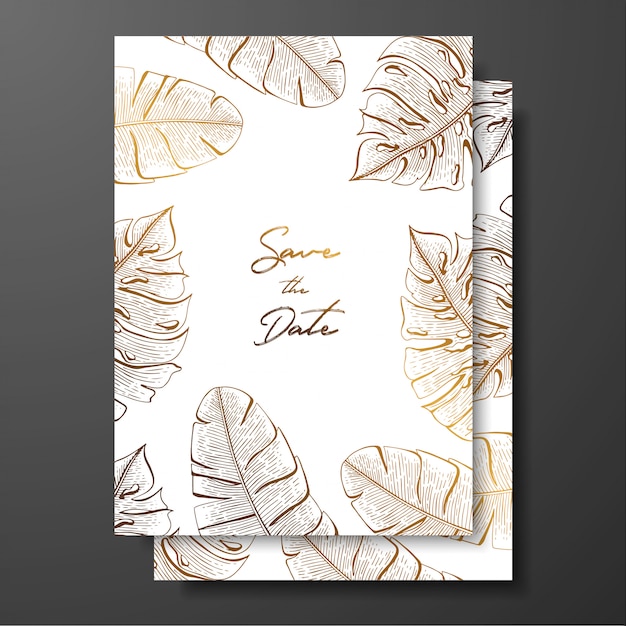 Invitation de mariage en or avec des feuilles tropicales. éléments pour le modèle de conception.