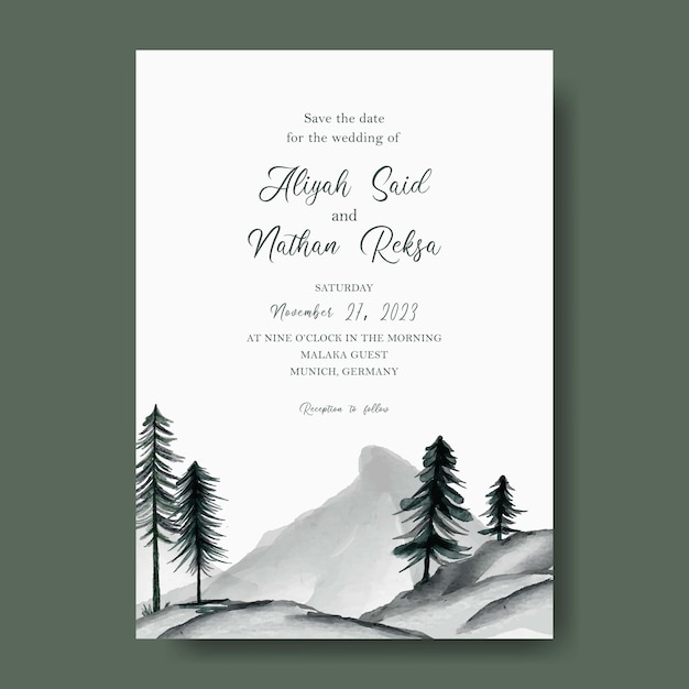 Vecteur invitation de mariage avec un paysage à l'aquarelle en arrière-plan