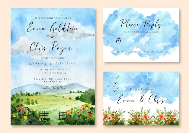 Invitation De Mariage Avec Paysage Aquarelle De Ciel Bleu Et Champ Vert