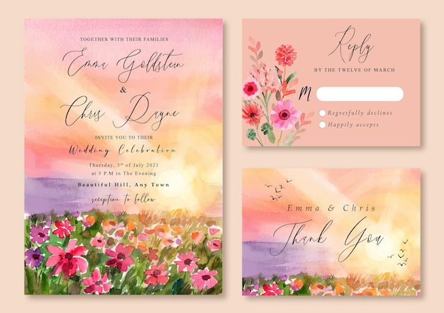 Invitation De Mariage Avec Paysage Aquarelle De Coucher De Soleil Rose