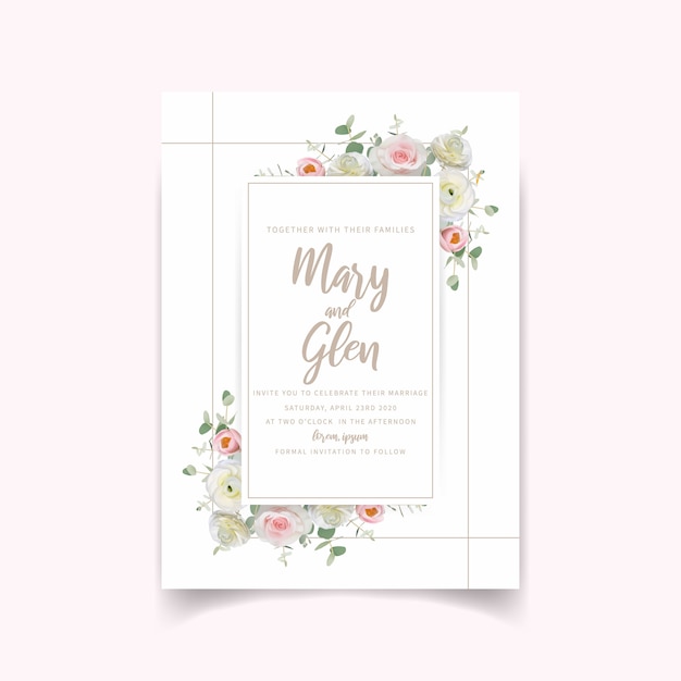 Vecteur invitation de mariage avec renoncule floral et fleurs roses